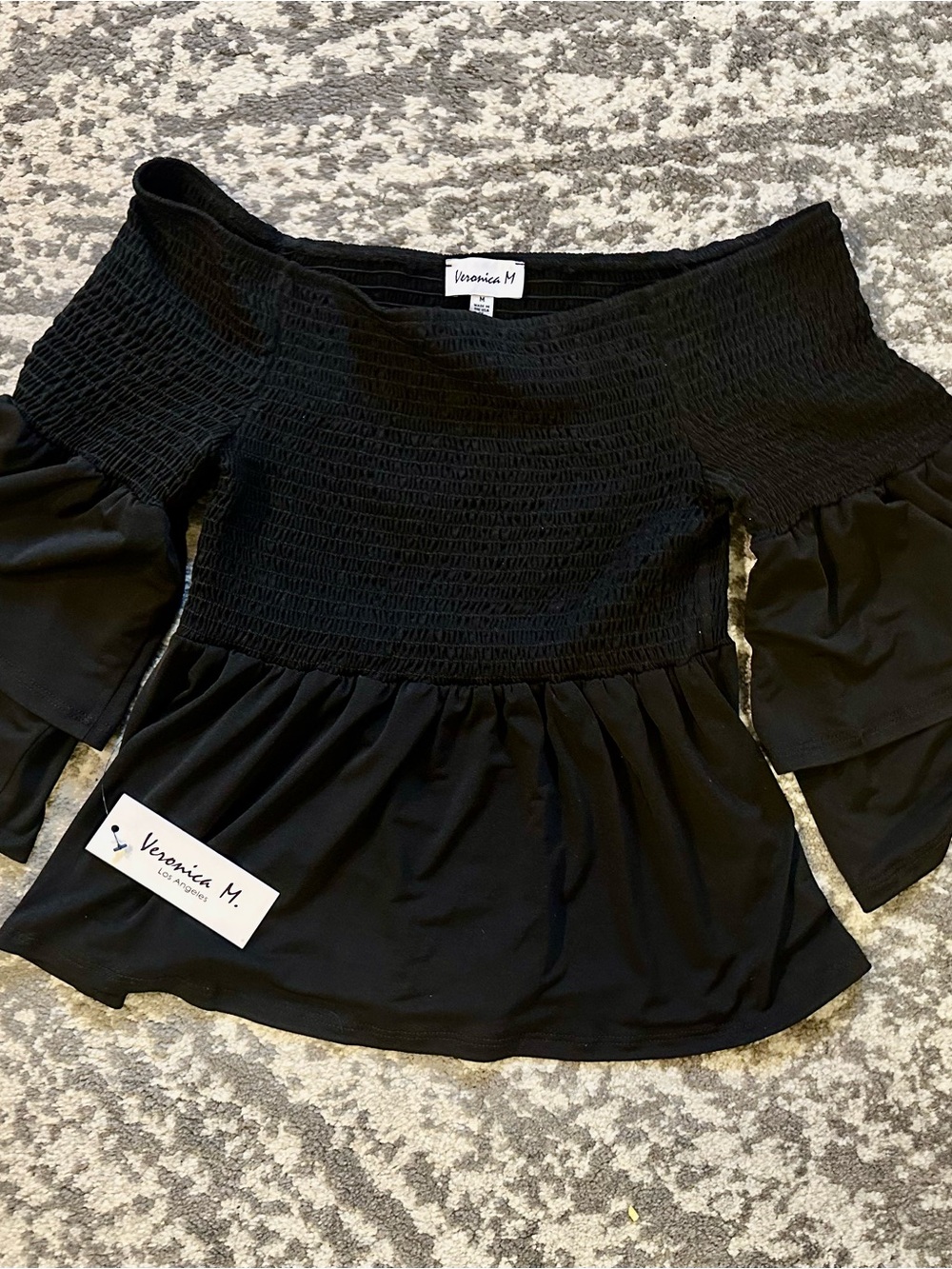 Veronica M Black Smocked Top with Peplum Detail